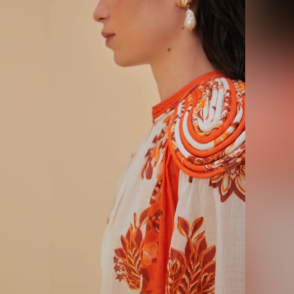 FARM RIO Orange Aura Piping Trim Organic Cotton Blouse - Picture 3 of 4